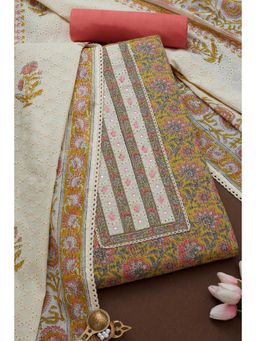 Soch - Women's Yellow Cotton Blend Floral Printed Unstiched Dress Material with Thread Work (Set of 3)