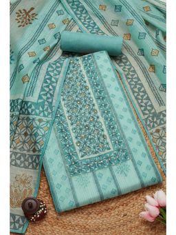 Soch - Women's Turquoise Chanderi Botanical Printed Unstitch Dress Material (Set of 3)