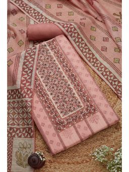 Soch - Women's Pink Chanderi Botanical Printed Unstiched Dress Material with Faux Mirror (Set of 3)