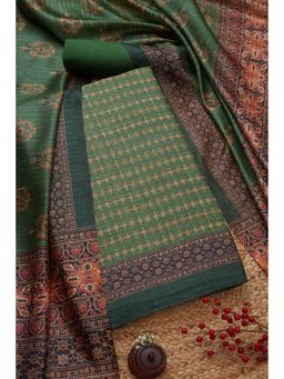 Soch - Women's Olive Chanderi Printed Unstiched Dress Material (Set of 3)