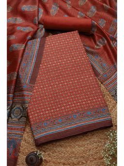 Soch - Women's Rust Chanderi Printed Unstitch Dress Material (Set of 3)