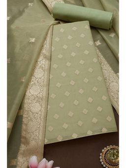 Soch - Women's Olive Tissue Zari Woven Unstitch Dress Material (Set of 3)