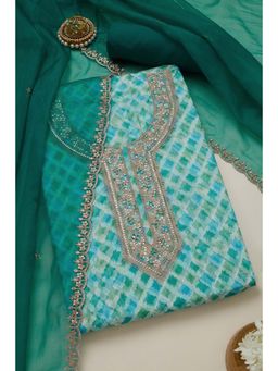 Soch - Women's Teal Organza Printed Unstiched Dress Material with Sequins (Set of 3)