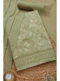 Soch - Women's Green Organza Printed Unstiched Dress Material with Thread Work (Set of 3)