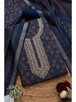 Soch - Women's Navy Blue Tussar Floral Printed Unstiched Dress Material (Set of 3)