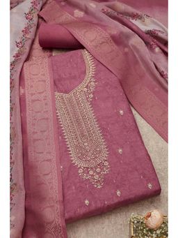 Soch - Women's Blush Pink Chanderi Printed Unstiched Dress Material with Sequins (Set of 3)