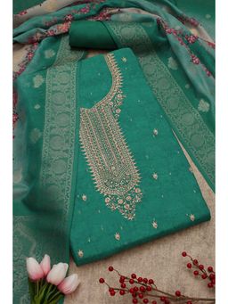 Soch - Women's Teal Chanderi Printed Unstiched Dress Material with Sequins (Set of 3)