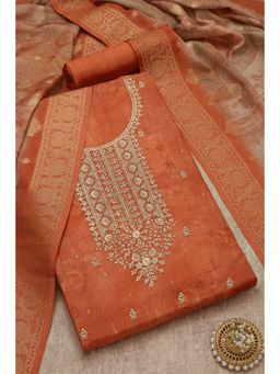 Soch - Women's Rust Chanderi Floral Printed Unstitch Dress Material with Sequins (Set of 3)