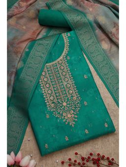 Soch - Women's Teal Chanderi Floral Printed Unstitch Dress Material with Sequins (Set of 3)