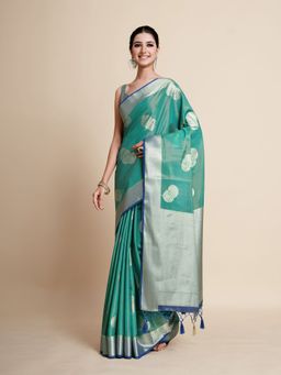 Mimosa - Women Traditional Kanjivaram Art Silk Turquoise Saree with Unstitched Blouse