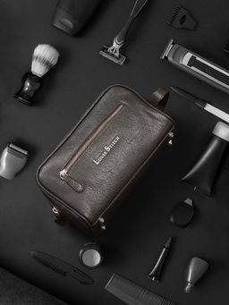 Louis Stitch - Mens Brunette Brown Italian Shrunken Leather Toiletry Kit Travel Organizer Pouch