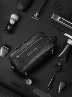 Louis Stitch - Mens Jet Black Italian Shrunken Leather Toiletry Kit Travel Organizer Pouch