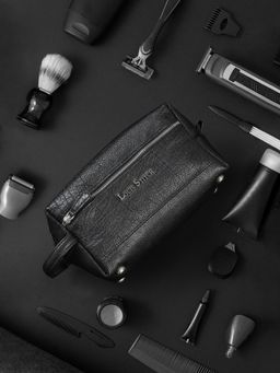 Louis Stitch - Mens Jet Black Italian Shrunken Leather Toiletry Kit Travel Organizer Pouch