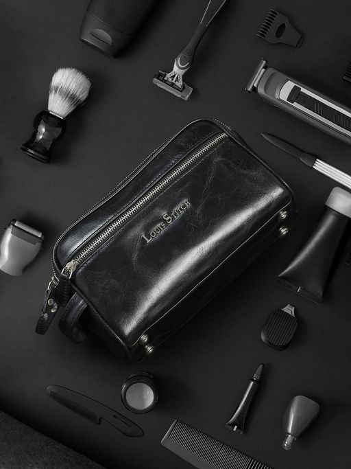 Buy Louis Stitch Mens Jet Black Italian Leather Toiletry Kit