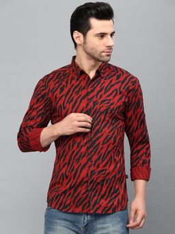 RIGO - Men Red Zebra Printed Cut Away Collar Full Sleeve Shirt