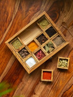 ExclusiveLane - Medley of Masalas 12 Container Spice Box With Spoon In Teak Wood