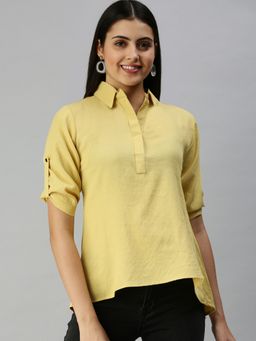 SHOWOFFFF - Women Slim Fit Roll-Up Sleeves Yellow Solid Shirt