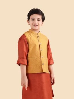 Fabindia - Boys Yellow Woven Design Viscose Blend Nehru Jacket