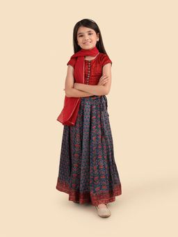 Fabindia - Indigo Rayon Blend Ajrakh Printed Lehenga With Choli & Dupatta