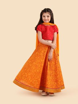 Fabindia - Girls Yellow Floral Printed Cotton Flared Lehenga Choli & Dupatta