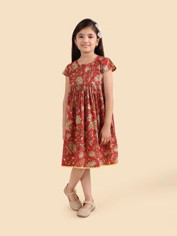 Fabindia - Girls Red Printed Round Neck Short Sleeves A-Line Dress