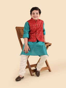 Fabindia - Boys Red Woven Design Silk Blend Nehru Jacket