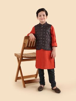 Fabindia - Boys Charcoal Woven Design Silk Blend Nehru Jacket