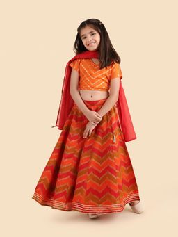 Fabindia - Girls Orange Printed Cotton Silk Blend Flared Lehenga Choli & Dupatta