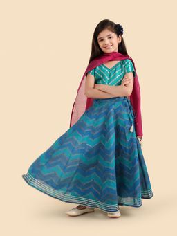 Fabindia - Girls Teal Printed Cotton Silk Blend Flared Lehenga Choli & Dupatta