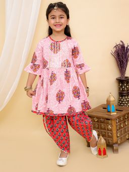 Superminis - Cotton Half Sleeves Kurti With Dhoti Magenta