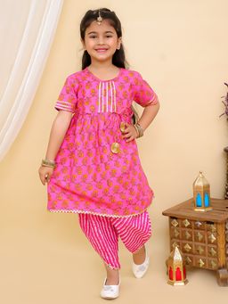 Superminis - Cotton Half Sleeves Kurti With Dhoti Pink