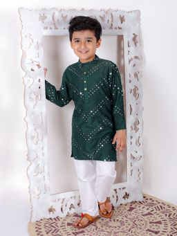 Superminis - Boys Rayon Kurta With Mirror Embroidery And Pyjama Green
