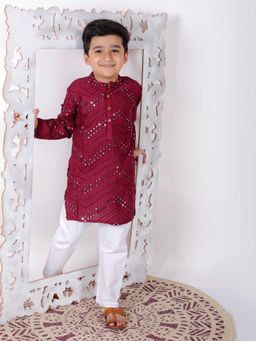 Superminis - Boys Rayon Kurta With Mirror Embroidery And Pyjama Red