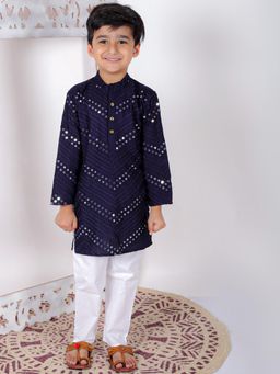 Superminis - Boys Rayon Kurta With Mirror Embroidery And Pyjama Blue