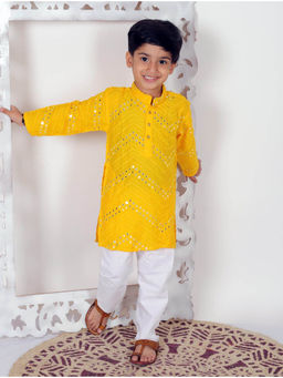 Superminis - Boys Rayon Kurta With Mirror Embroidery And Pyjama Yellow
