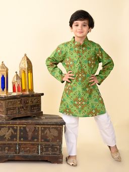 Superminis - Boys Cotton Full Sleeves Bandhani Printed Kurta And Pyjama Green