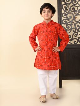 Superminis - Boys Cotton Full Sleeves Bandhani Printed Kurta And Pyjama Red