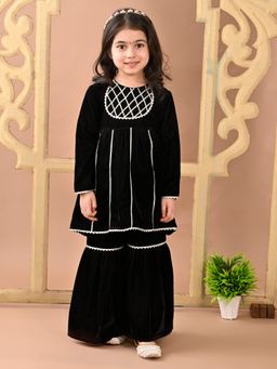 Superminis - Girls Velvet Gotta Work Angrkha With Elasticated Waistband Sharara Black