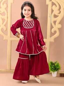 Superminis - Girls Velvet Gotta Work Angrkha With Elasticated Waistband Sharara Maroon