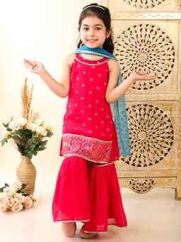 Superminis - Georgette Sleeveless Kurti & Sharara For Girls With Net Dupatta Magenta