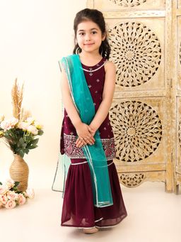 Superminis - Georgette Sleeveless Kurti & Sharara For Girls With Net Dupatta Wine