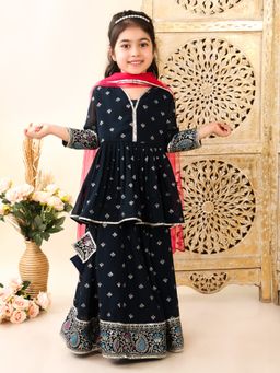 Superminis - Girls Georgette Full Sleeves Lehenga & Choli With Net Dupatta Navy Blue
