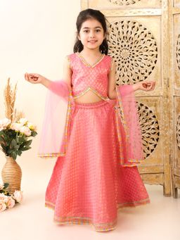 Superminis - Girls Readymade Sleeveless Lehenga & Choli With Net Dupatta Pink