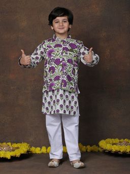 Superminis - Boys Cotton Printed Kurta Waistcoat With Pyjama Purple