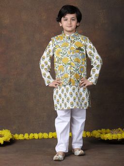 Superminis - Boys Cotton Printed Kurta Waistcoat With Pyjama Yellow