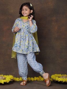 Superminis - Girls Cotton Floral Printed Kurti With Duppata And Afgani Blue