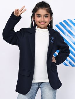 BaawRi - Girls Navy Soft Winter Jacket With Floral & Star Detailing On Lapel