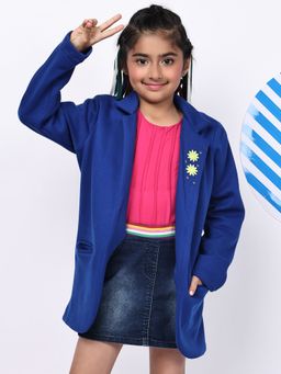 BaawRi - Girls Princess Blue Soft Winter Jacket With Floral And Star Detailing On Lapel