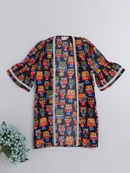 The Magic Wand - Owl Printed Fron Open Lace 3/4Th Sleeves Long Cape- Multi-Color-Color