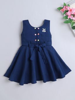 The Magic Wand - Sleeveless Solid Dress With Belt- Navy Blue